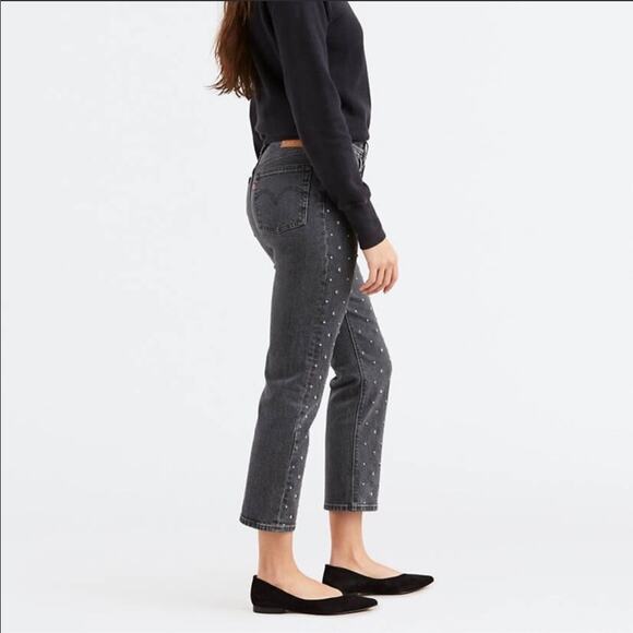 NEW LEVIS 501 Original Cropped Studded Black High Rise Straight Denim Jeans 25 - Picture 4 of 8